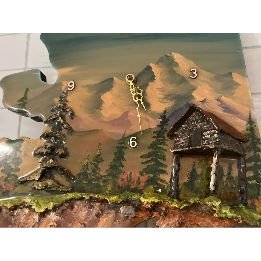 Vintage 1979‎ Alaska Shaped 3D Hand Painted Signed Wood Clock Art Sculpture READ